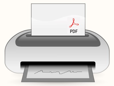 Skrivare, på utskriften syns en PDF-logotyp