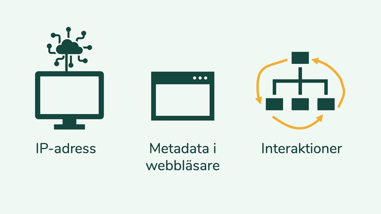 Illustration över de tre olika typer av data som spårare samlar in: IP-nummer, metadata om webbläsare och interaktioner.