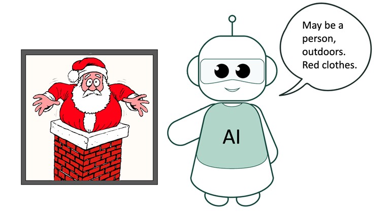 Image showing Santa a size too big to go down a chimney. An AI saying May be a person outdoors, red clothes.