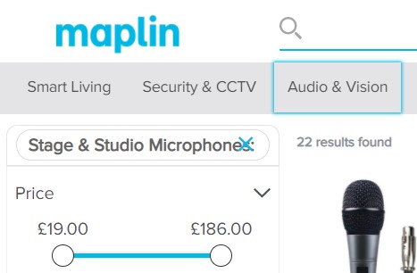 Inzoomad del av Maplins webbplats med en tydlig fokusmarkering runt orden Audio & Vision.