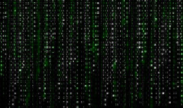 Skärm som visar grön fallande text på svart bakgrund.