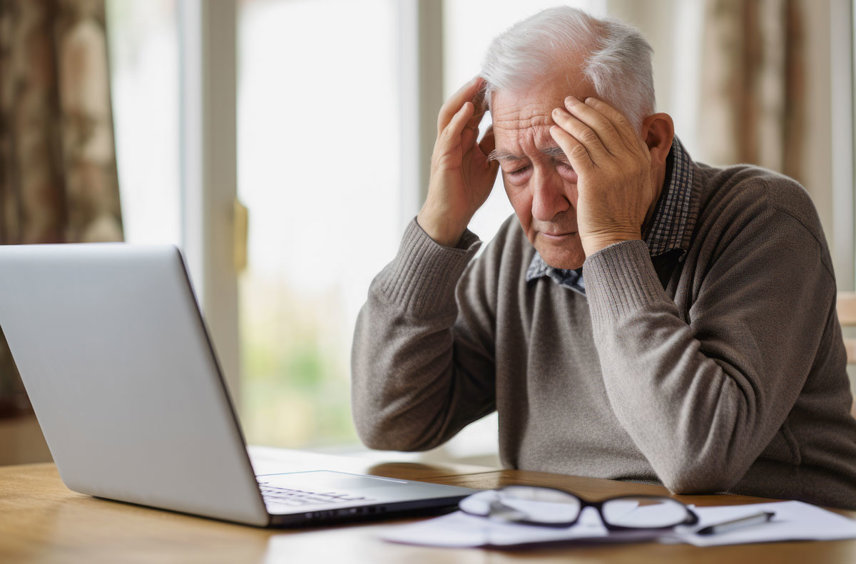 Äldre man sitter bekymrad framför en laptop