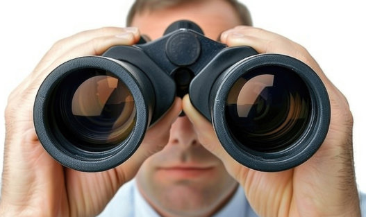 Person tittar rakt mot kameran med kikare