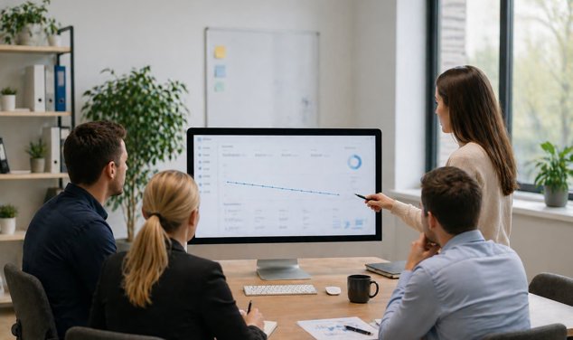 Fem personer står tillsammans på ett kontor och tittar på en datorskärm som visar en uppåtgående graf